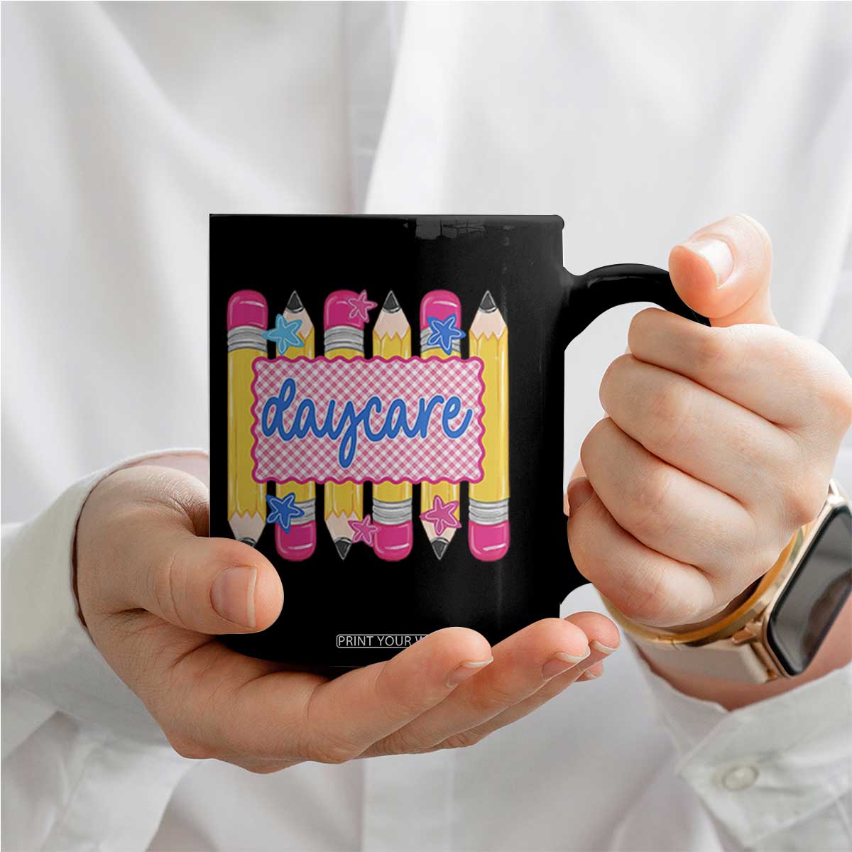 Cute Daycare Teacher Yellow Pencils Graphic Coffee Mug Retro Back to School Childcare Gift