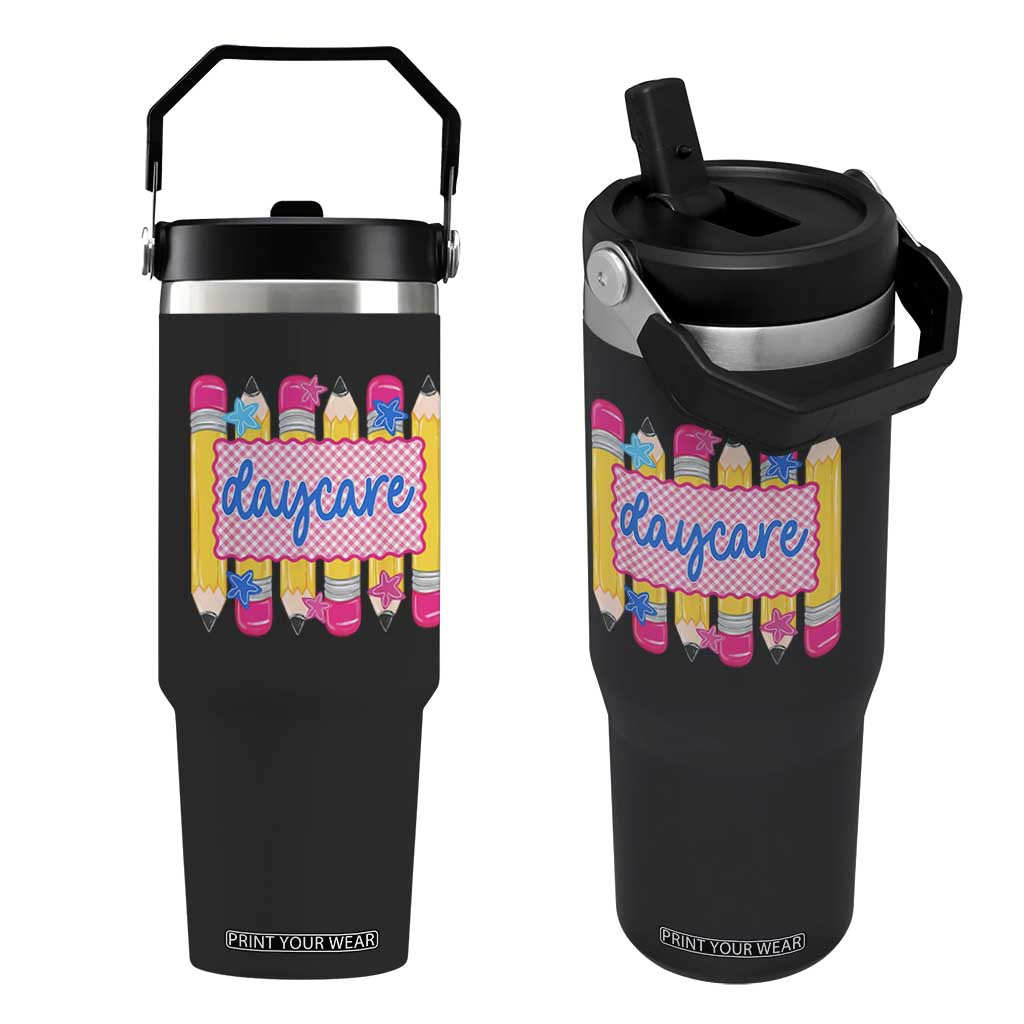 Cute Daycare Teacher Yellow Pencils Graphic Flip Straw Tumbler Retro Back to School Childcare Gift TS02 One Size: 30 oz Black Print Your Wear