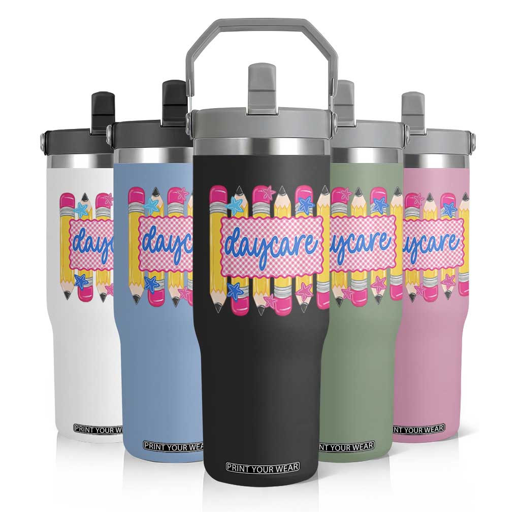 Cute Daycare Teacher Yellow Pencils Graphic Flip Straw Tumbler Retro Back to School Childcare Gift