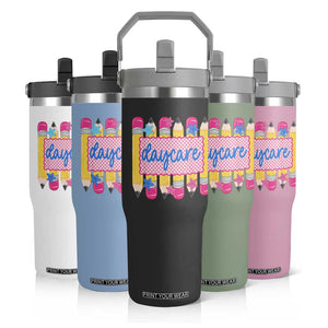 Cute Daycare Teacher Yellow Pencils Graphic Flip Straw Tumbler Retro Back to School Childcare Gift
