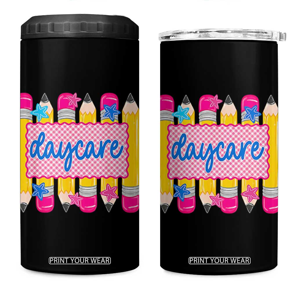 Cute Daycare Teacher Yellow Pencils Graphic 4 in 1 Can Cooler Tumbler Retro Back to School Childcare Gift