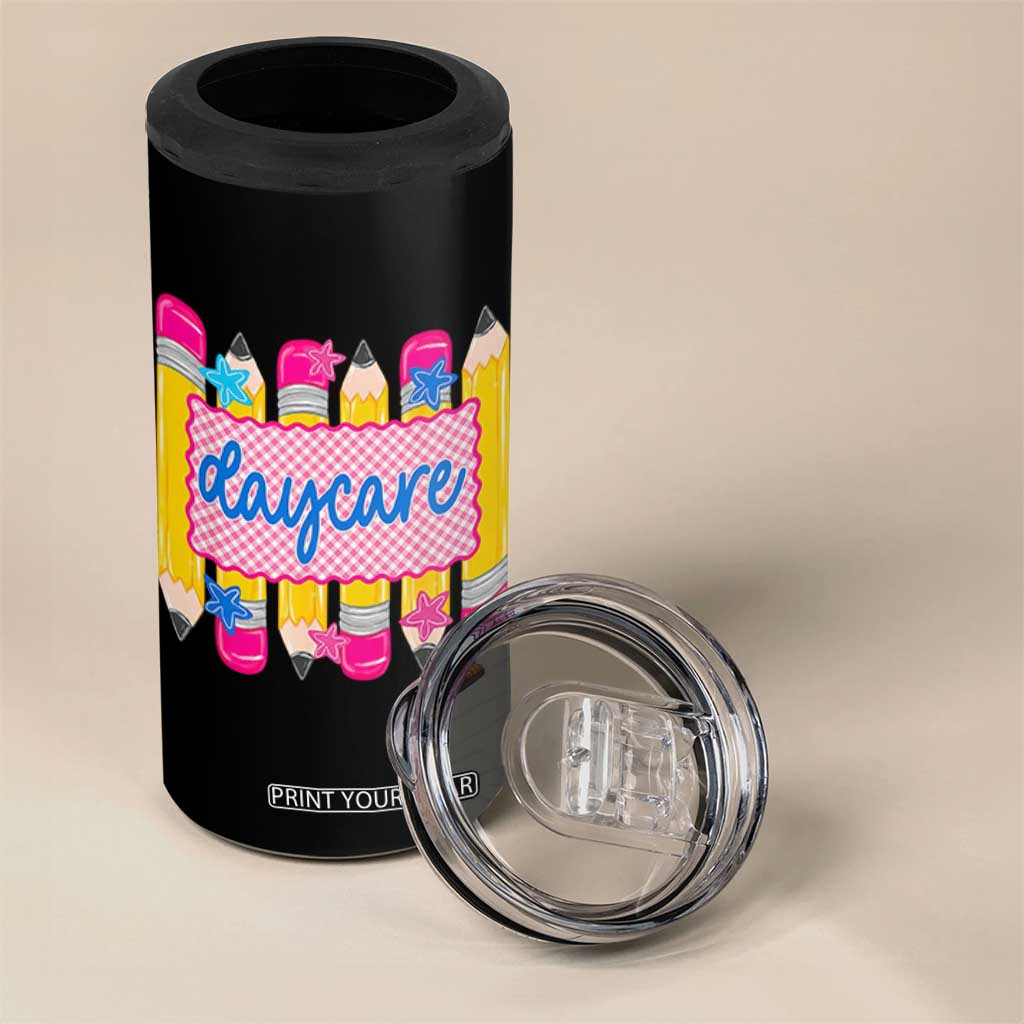 Cute Daycare Teacher Yellow Pencils Graphic 4 in 1 Can Cooler Tumbler Retro Back to School Childcare Gift