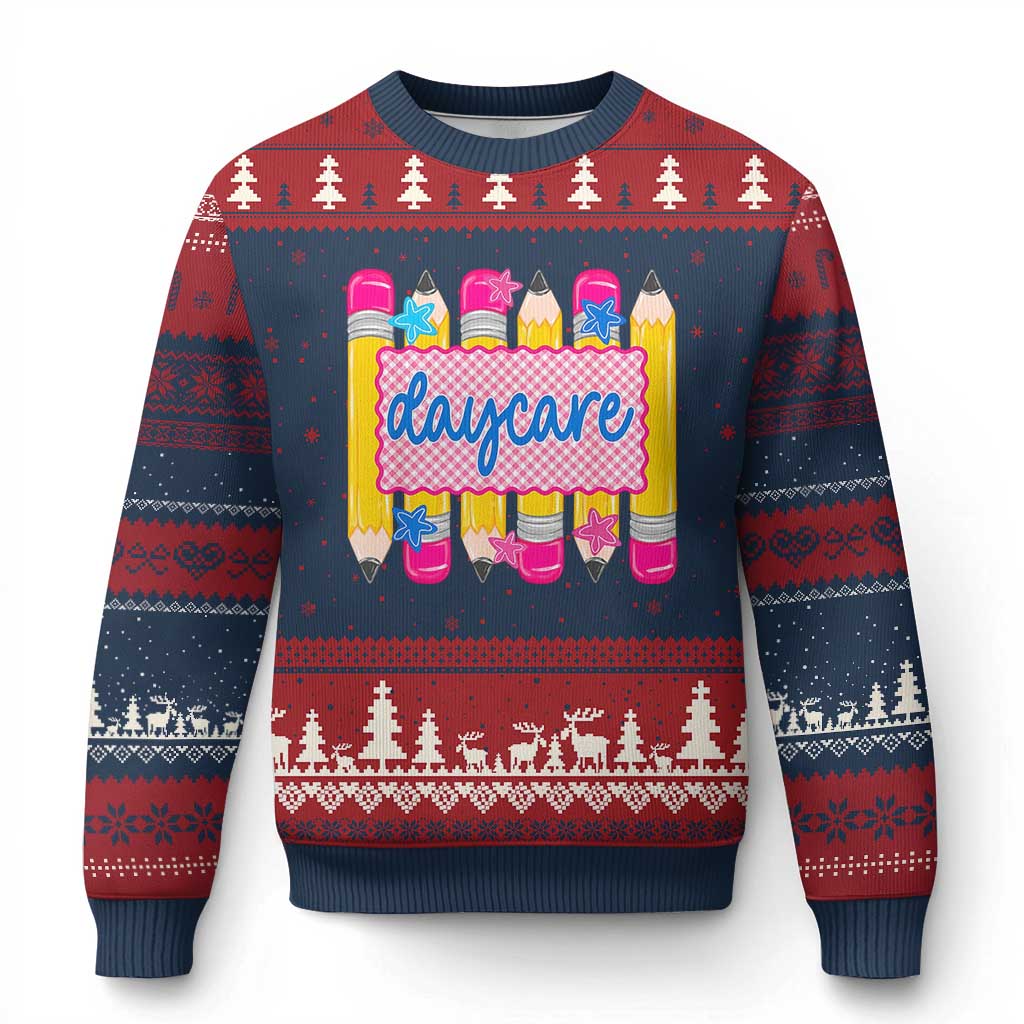 Cute Daycare Teacher Yellow Pencils Graphic Ugly Christmas Sweater Retro Back to School Childcare Gift TS02 Navy Red Print Your Wear