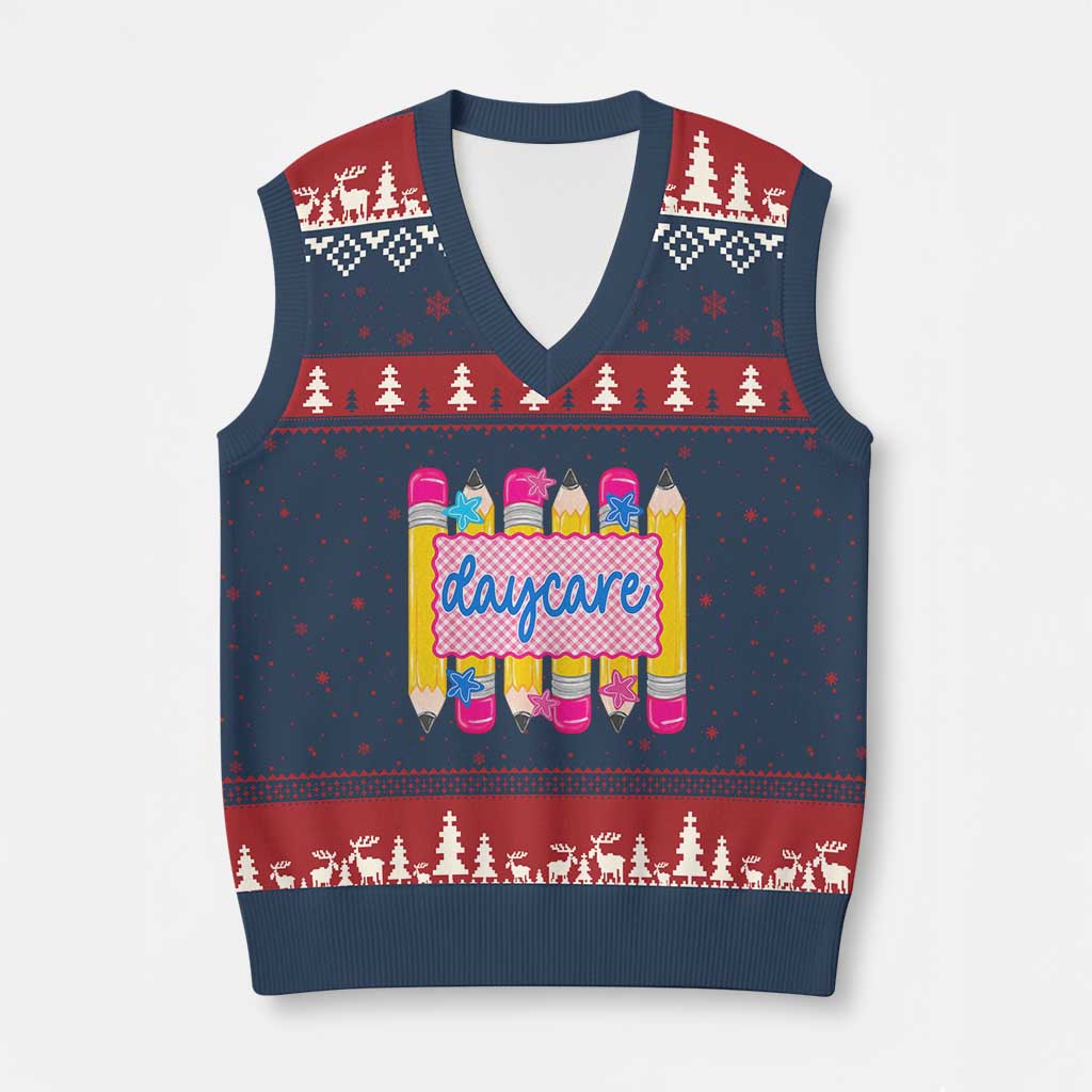 Cute Daycare Teacher Yellow Pencils Graphic V-Neck Knit Sweater Vest Retro Back to School Childcare Gift TS02 Navy Red Print Your Wear