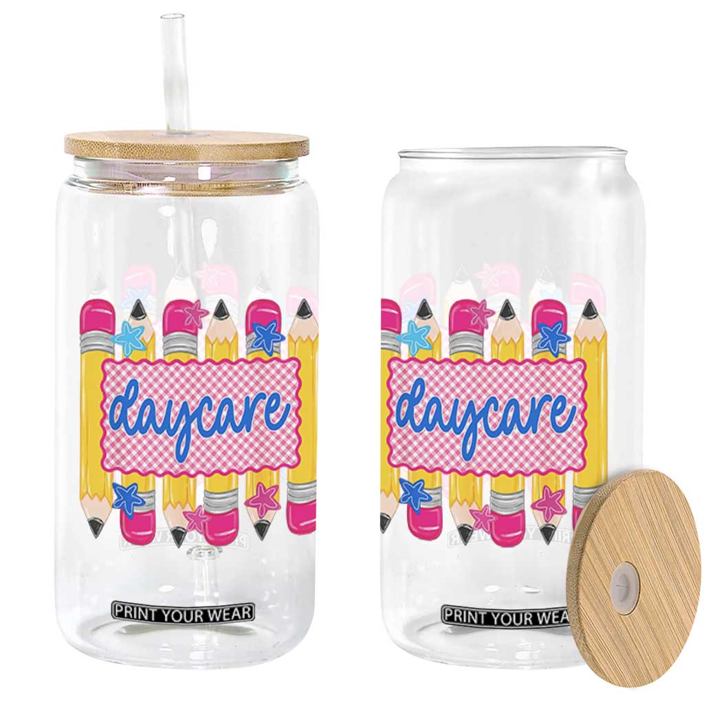 Cute Daycare Teacher Yellow Pencils Graphic Glass Can Retro Back to School Childcare Gift