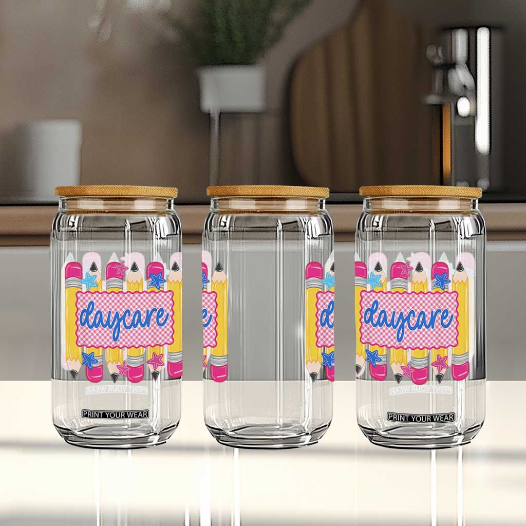 Cute Daycare Teacher Yellow Pencils Graphic Glass Can Retro Back to School Childcare Gift