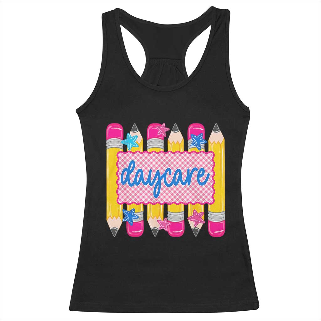 Cute Daycare Teacher Yellow Pencils Graphic Racerback Tank Top Retro Back to School Childcare Gift TS02 Black Print Your Wear