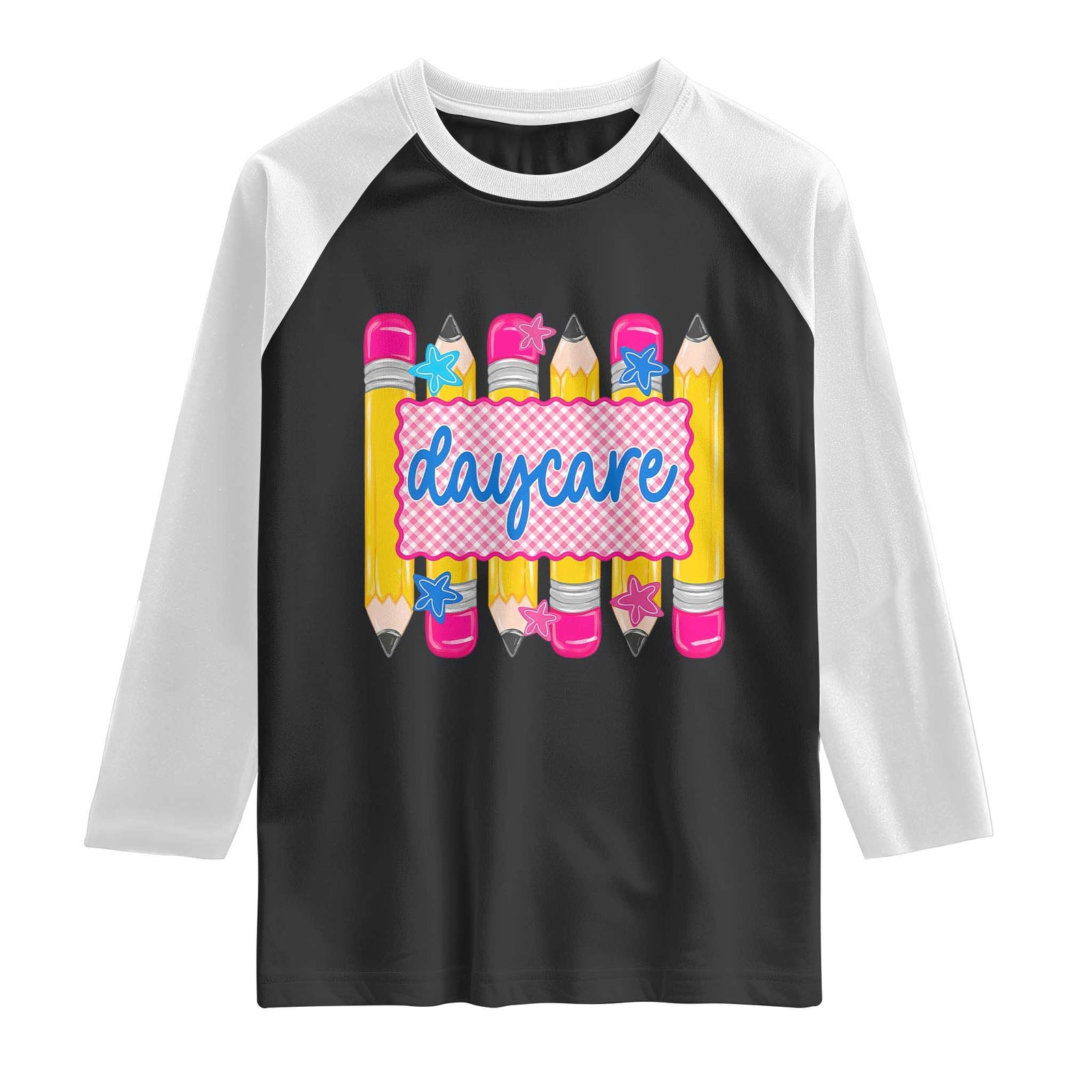 Cute Daycare Teacher Yellow Pencils Graphic Raglan Shirt Retro Back to School Childcare Gift TS02 Black White Print Your Wear