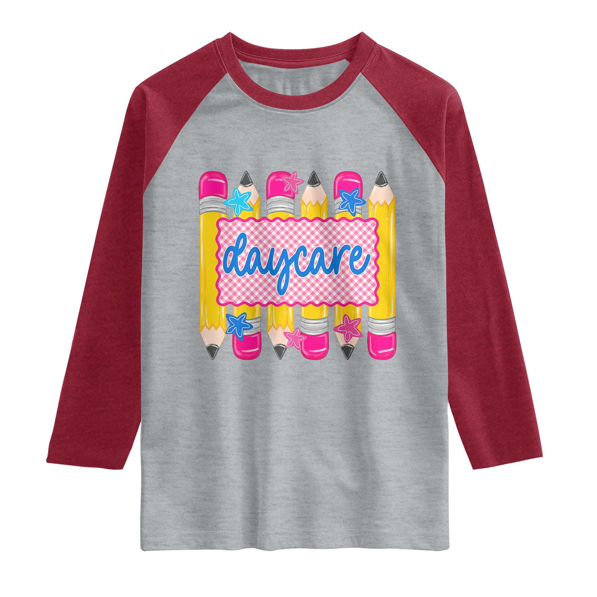 Cute Daycare Teacher Yellow Pencils Graphic Raglan Shirt Retro Back to School Childcare Gift