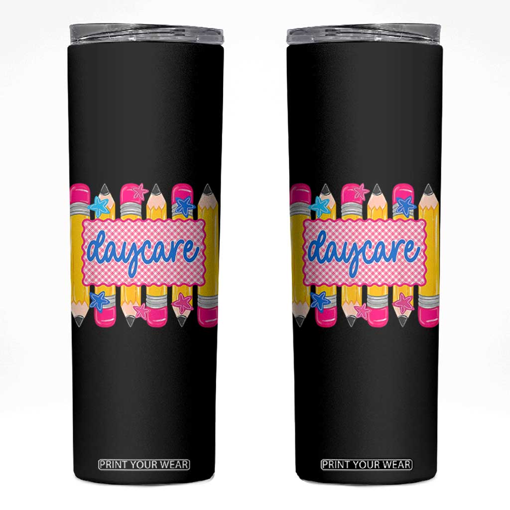 Cute Daycare Teacher Yellow Pencils Graphic Skinny Tumbler Retro Back to School Childcare Gift TS02 Black Print Your Wear