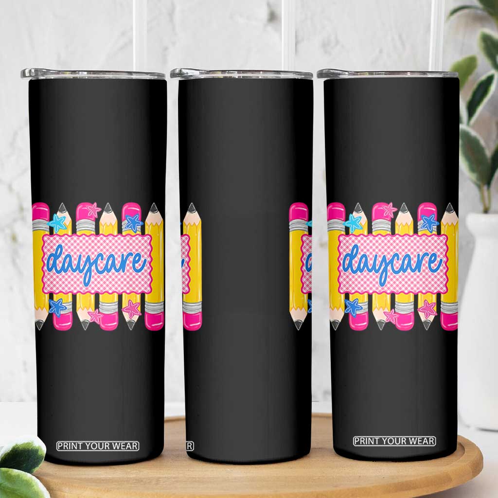 Cute Daycare Teacher Yellow Pencils Graphic Skinny Tumbler Retro Back to School Childcare Gift