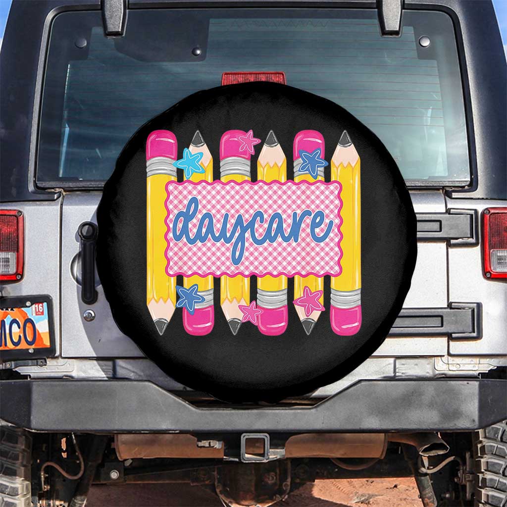 Cute Daycare Teacher Yellow Pencils Graphic Spare Tire Cover Retro Back to School Childcare Gift TS02 No hole Black Print Your Wear