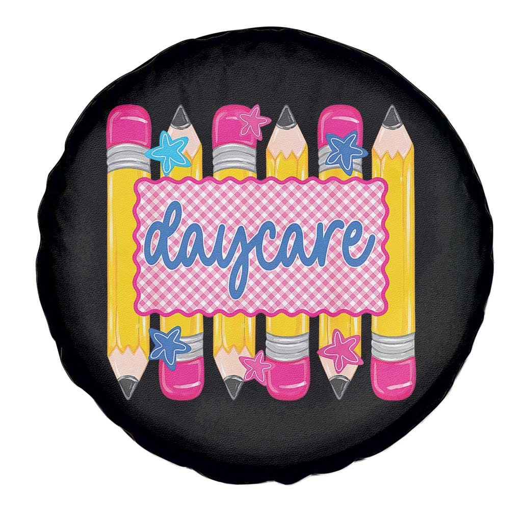 Cute Daycare Teacher Yellow Pencils Graphic Spare Tire Cover Retro Back to School Childcare Gift
