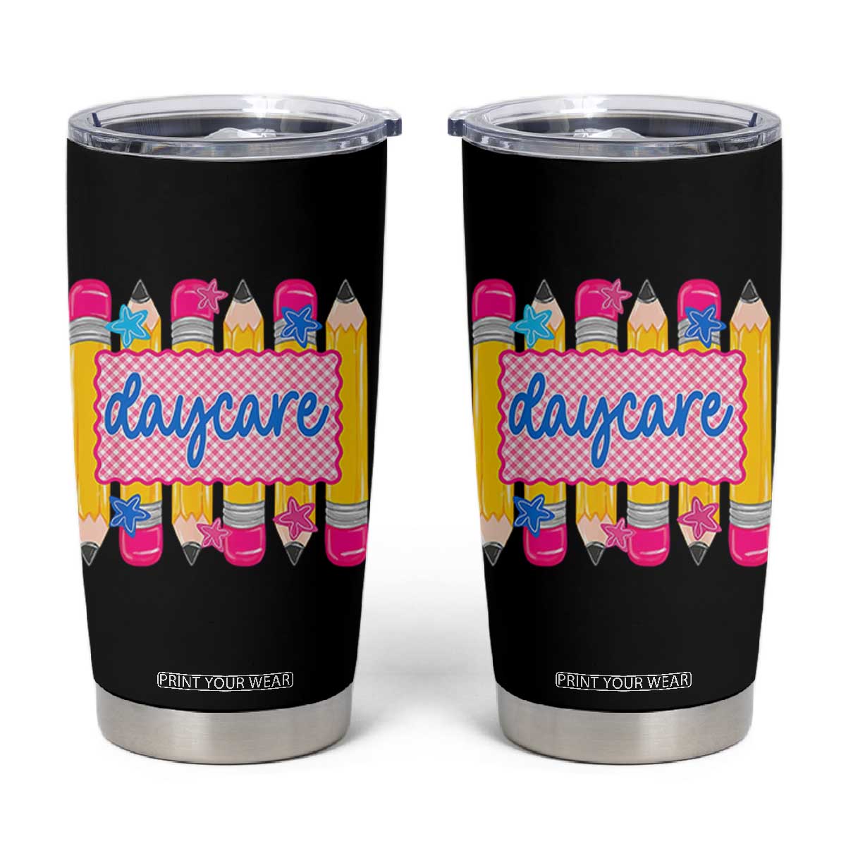 Cute Daycare Teacher Yellow Pencils Graphic Tumbler Cup Retro Back to School Childcare Gift TS02 Black Print Your Wear