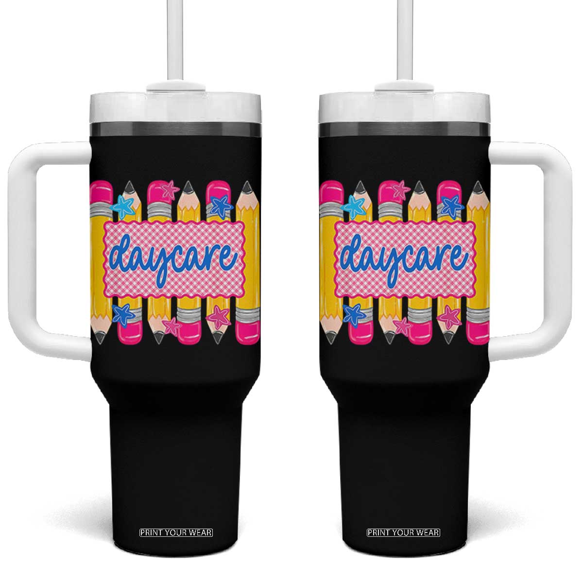 Cute Daycare Teacher Yellow Pencils Graphic Tumbler With Handle Retro Back to School Childcare Gift TS02 One Size: 40 oz Black Print Your Wear