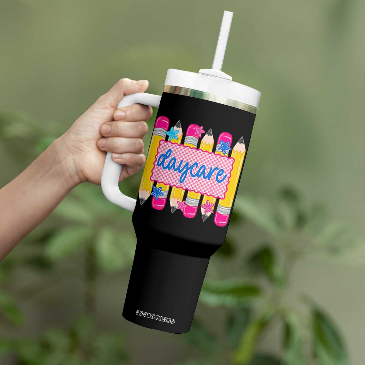 Cute Daycare Teacher Yellow Pencils Graphic Tumbler With Handle Retro Back to School Childcare Gift