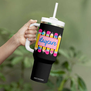 Cute Daycare Teacher Yellow Pencils Graphic Tumbler With Handle Retro Back to School Childcare Gift