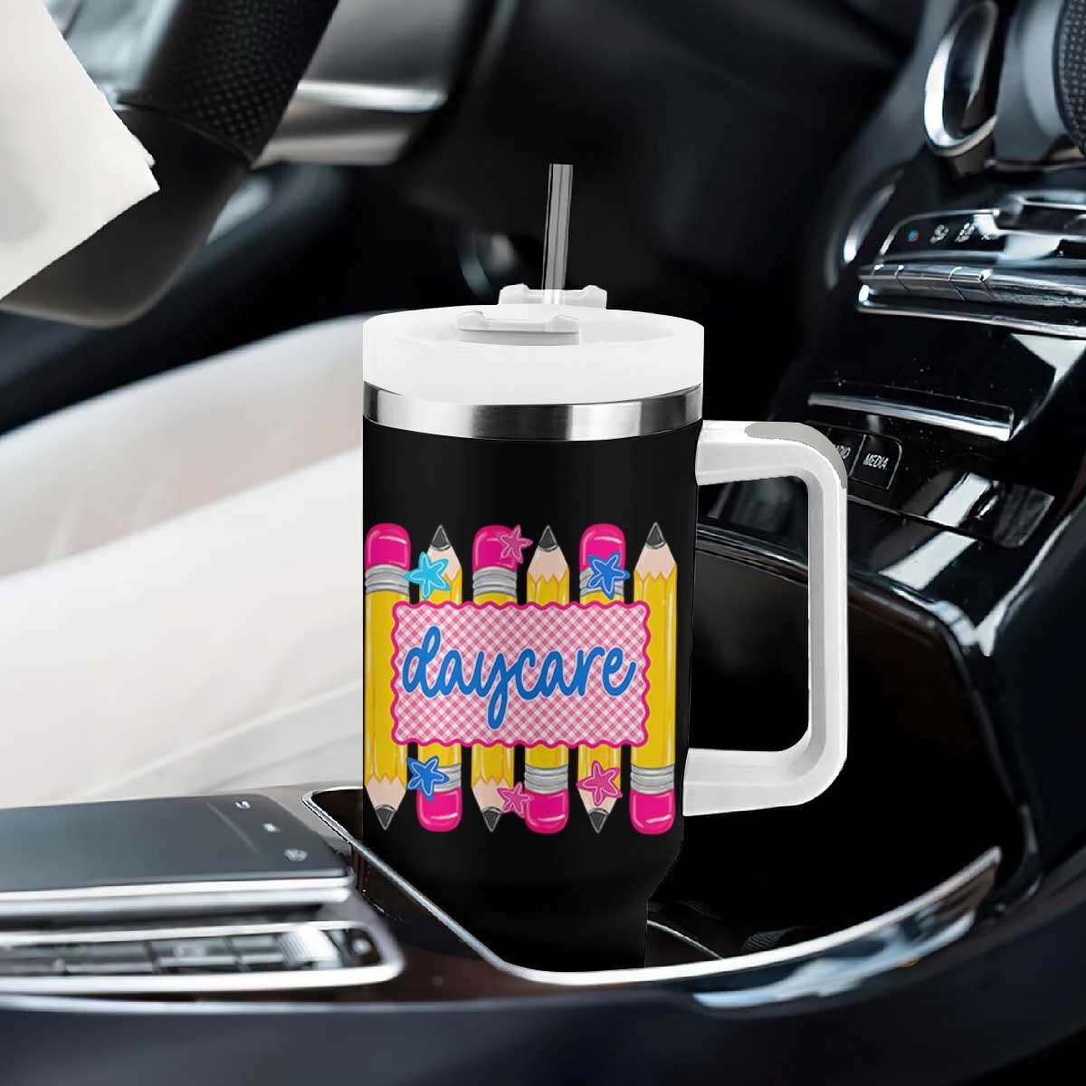 Cute Daycare Teacher Yellow Pencils Graphic Tumbler With Handle Retro Back to School Childcare Gift