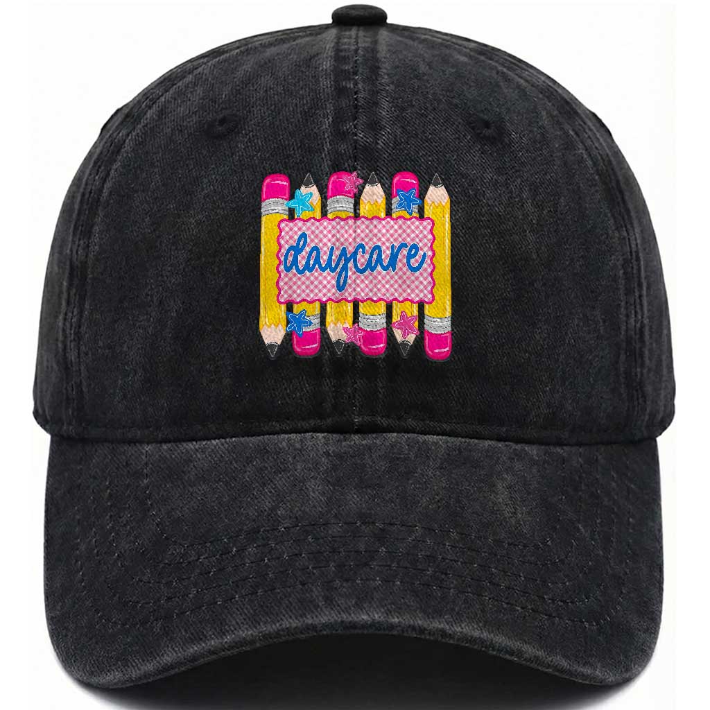 Cute Daycare Teacher Yellow Pencils Graphic Washed Cotton Baseball Cap Retro Back to School Childcare Gift TS02 Print Your Wear