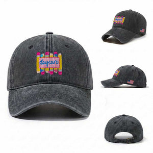 Cute Daycare Teacher Yellow Pencils Graphic Washed Cotton Baseball Cap Retro Back to School Childcare Gift