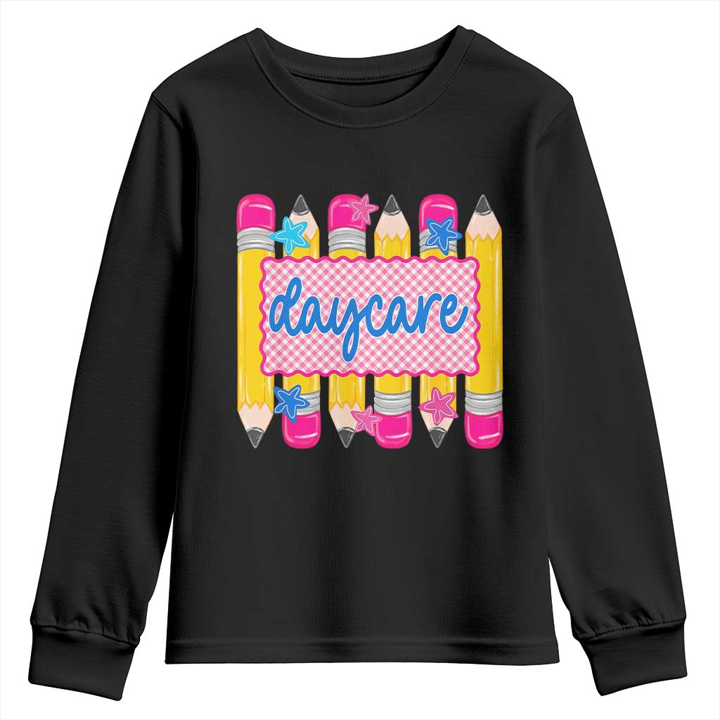 Cute Daycare Teacher Yellow Pencils Graphic Youth Sweatshirt Retro Back to School Childcare Gift TS02 Black Print Your Wear