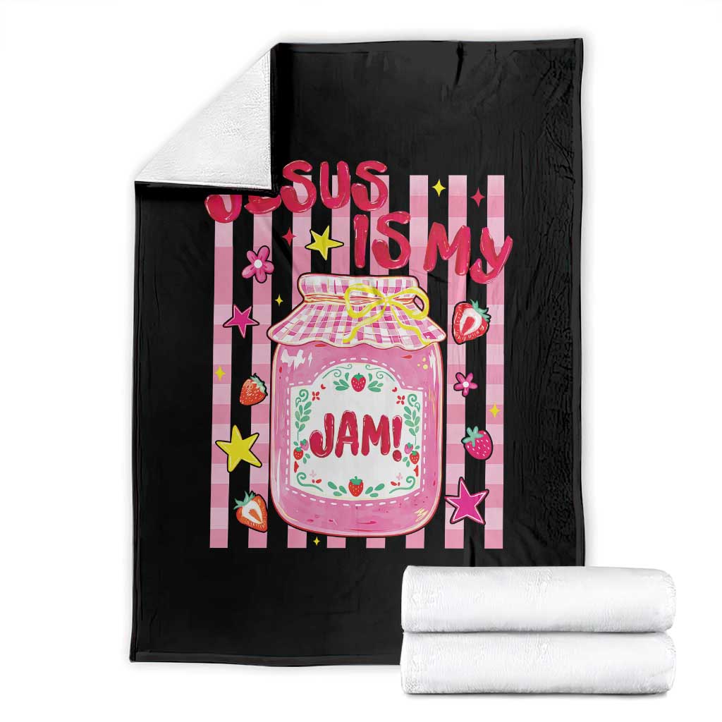Cute Christian Faith Preppy Graphic Throw Blanket Jesus Is My Jam Strawberry Fruit Jar TS02 Black Print Your Wear