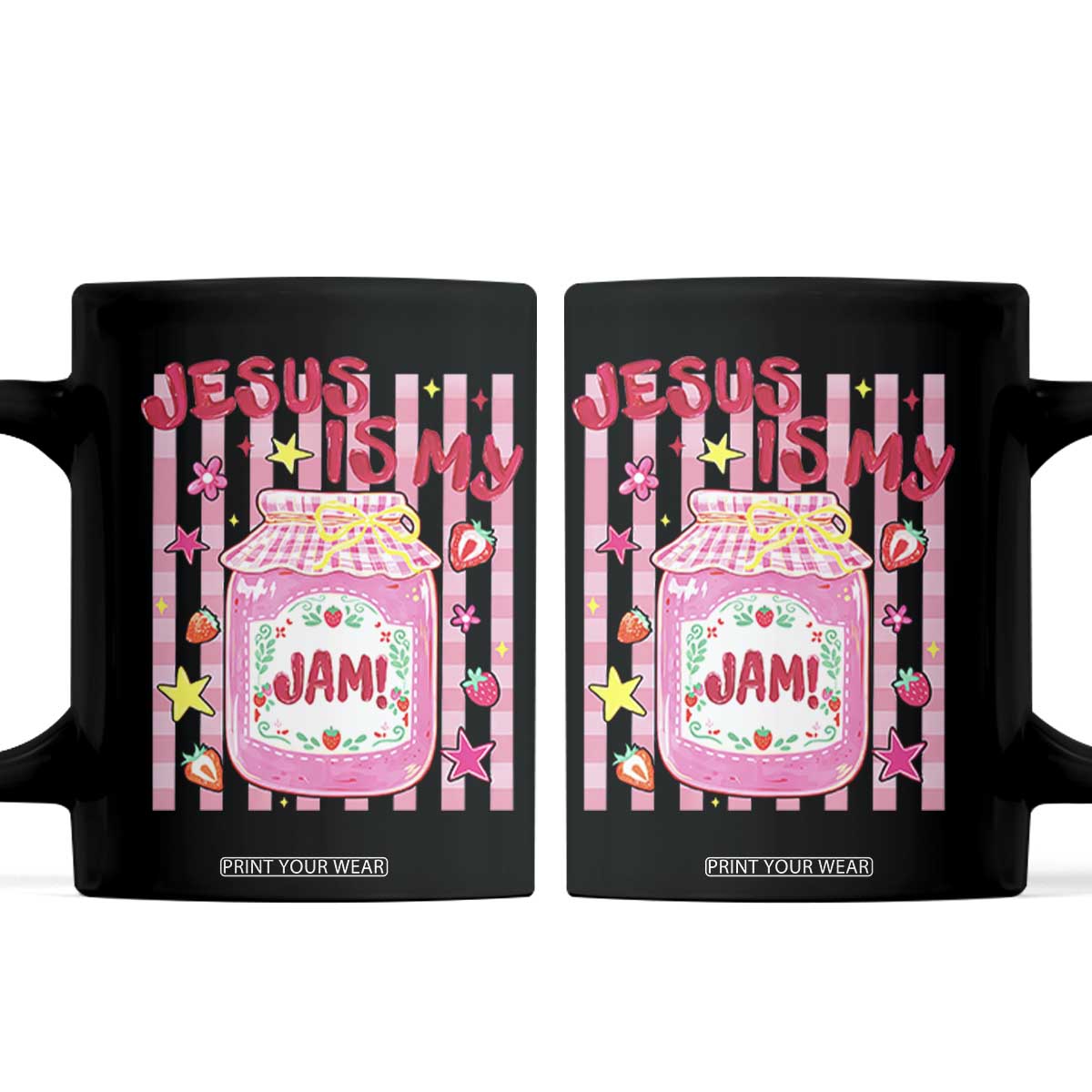 Cute Christian Faith Preppy Graphic Coffee Mug Jesus Is My Jam Strawberry Fruit Jar TS02 Black Print Your Wear