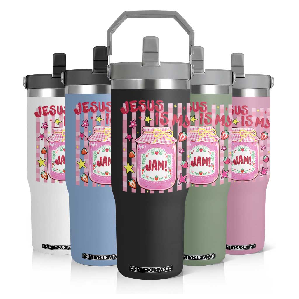 Cute Christian Faith Preppy Graphic Flip Straw Tumbler Jesus Is My Jam Strawberry Fruit Jar