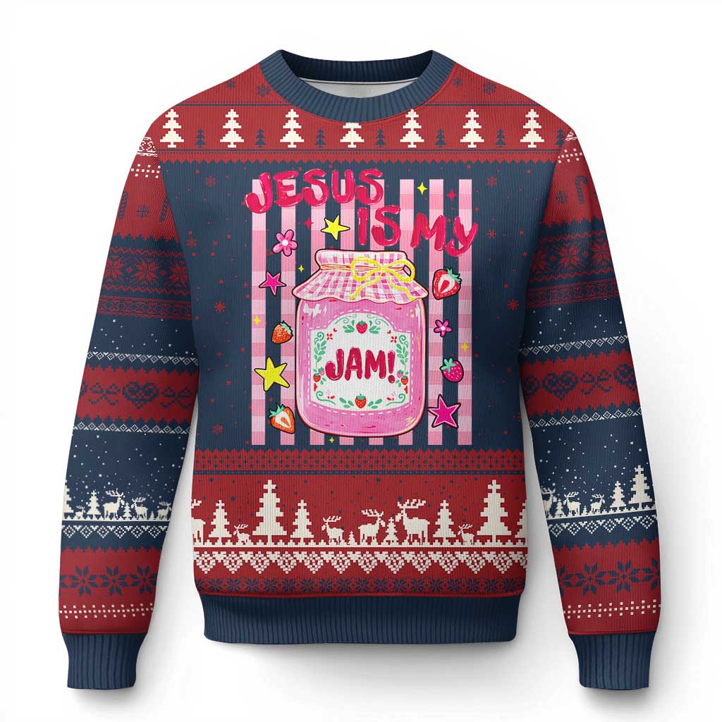 Cute Christian Faith Preppy Graphic Ugly Christmas Sweater Jesus Is My Jam Strawberry Fruit Jar TS02 Navy Red Print Your Wear