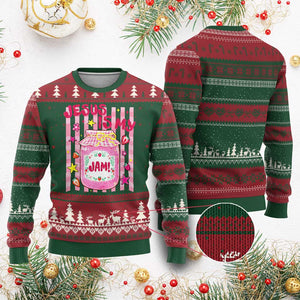 Cute Christian Faith Preppy Graphic Ugly Christmas Sweater Jesus Is My Jam Strawberry Fruit Jar