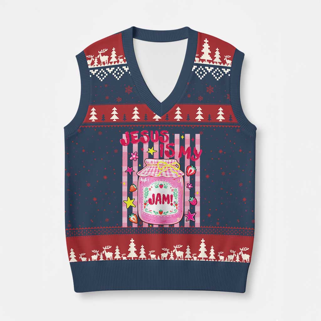 Cute Christian Faith Preppy Graphic V-Neck Knit Sweater Vest Jesus Is My Jam Strawberry Fruit Jar TS02 Navy Red Print Your Wear
