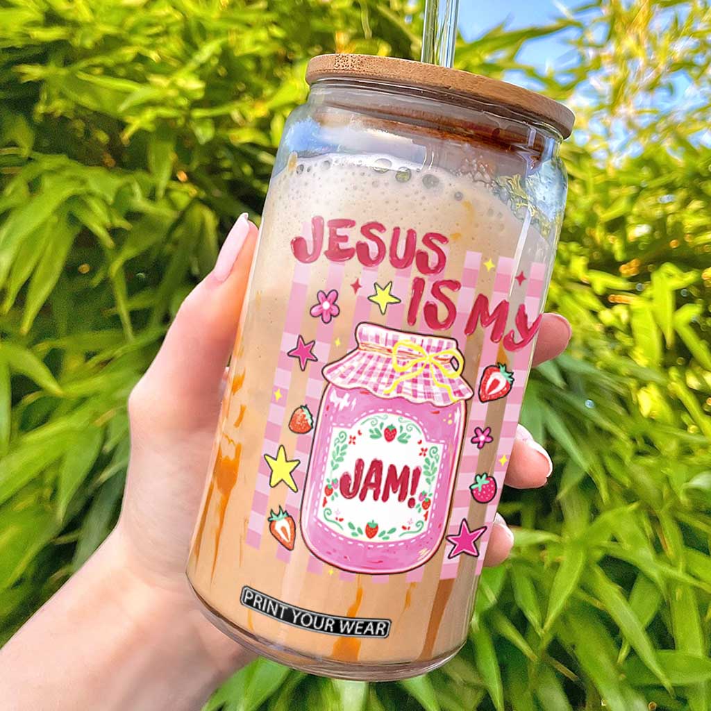 Cute Christian Faith Preppy Graphic Glass Can Jesus Is My Jam Strawberry Fruit Jar TS02 Black Print Your Wear
