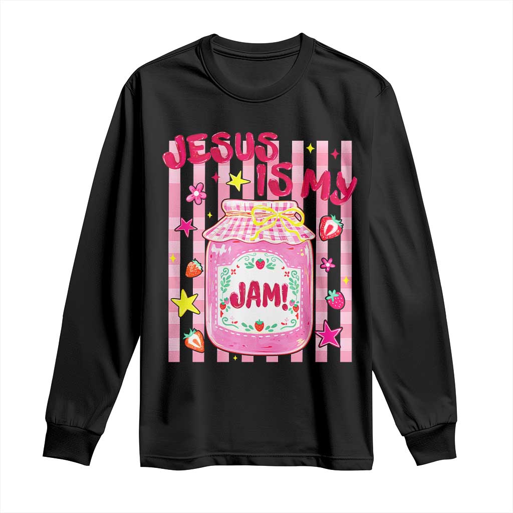 Cute Christian Faith Preppy Graphic Long Sleeve Shirt Jesus Is My Jam Strawberry Fruit Jar TS02 Black Print Your Wear