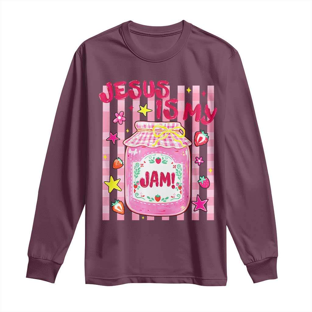 Cute Christian Faith Preppy Graphic Long Sleeve Shirt Jesus Is My Jam Strawberry Fruit Jar