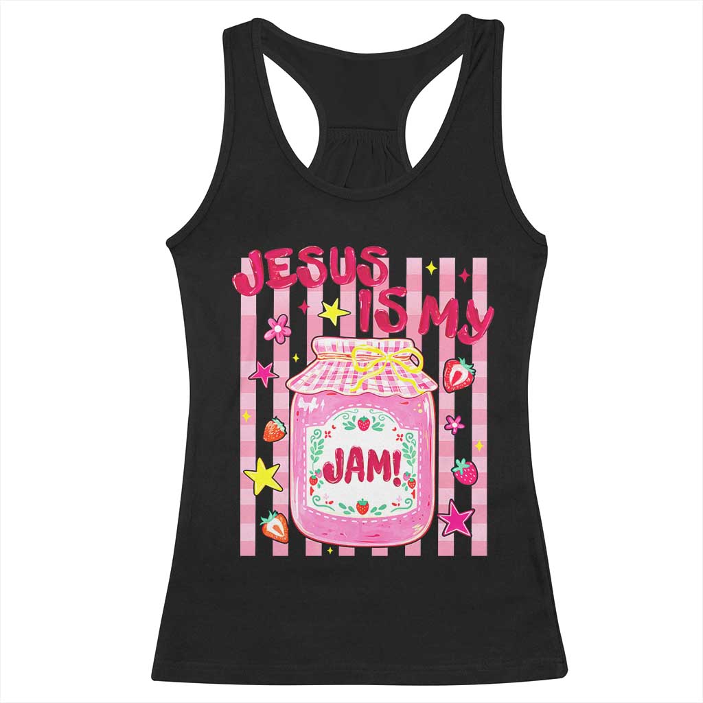 Cute Christian Faith Preppy Graphic Racerback Tank Top Jesus Is My Jam Strawberry Fruit Jar TS02 Black Print Your Wear
