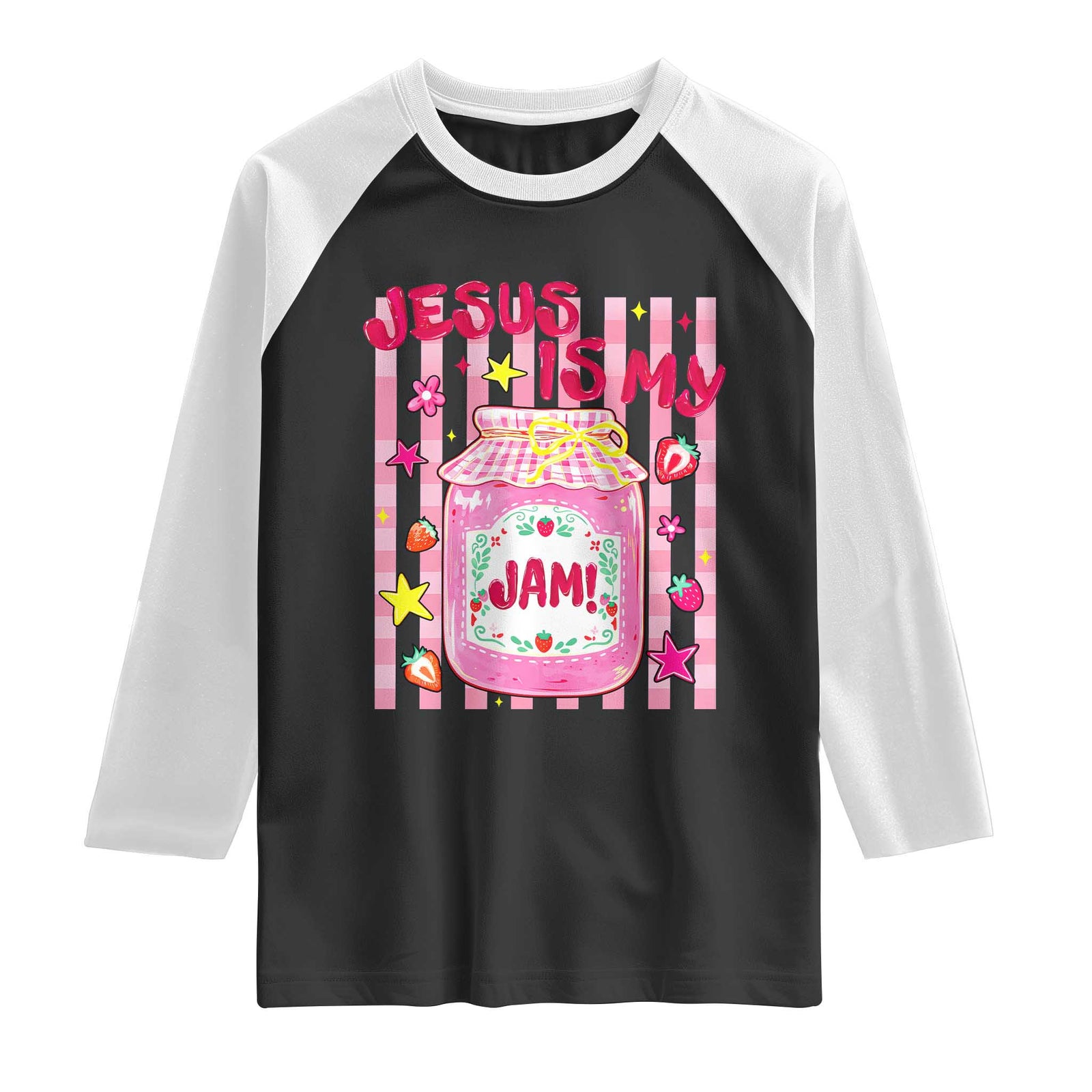 Cute Christian Faith Preppy Graphic Raglan Shirt Jesus Is My Jam Strawberry Fruit Jar TS02 Black White Print Your Wear