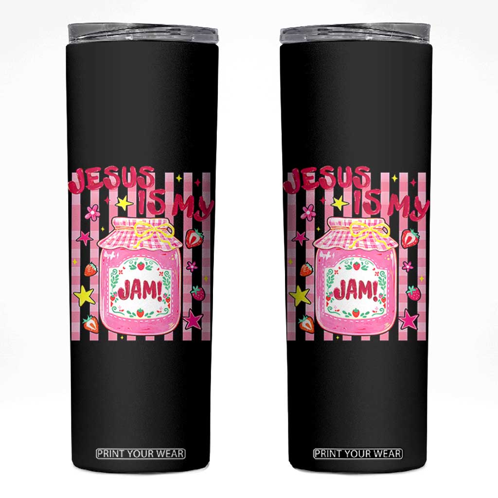 Cute Christian Faith Preppy Graphic Skinny Tumbler Jesus Is My Jam Strawberry Fruit Jar TS02 Black Print Your Wear