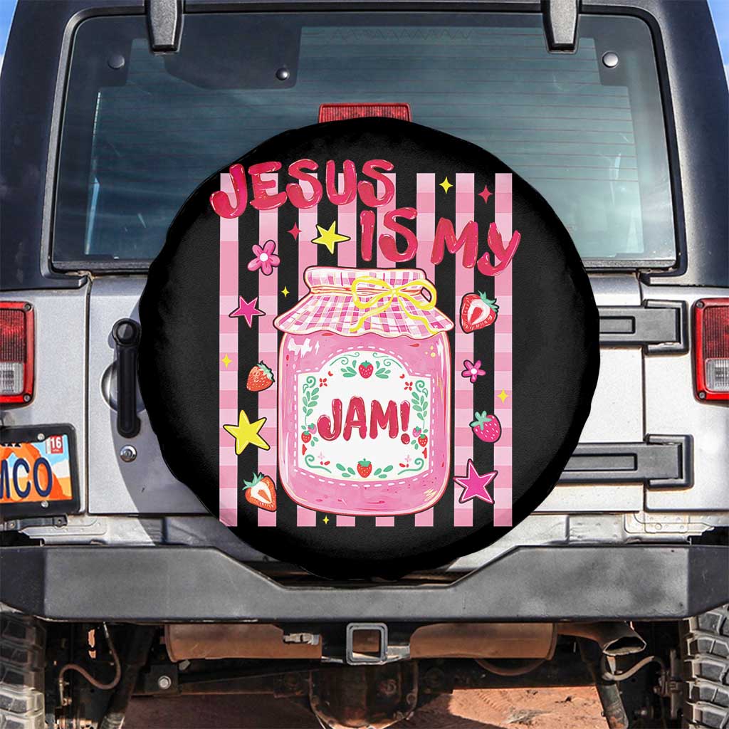 Cute Christian Faith Preppy Graphic Spare Tire Cover Jesus Is My Jam Strawberry Fruit Jar TS02 No hole Black Print Your Wear