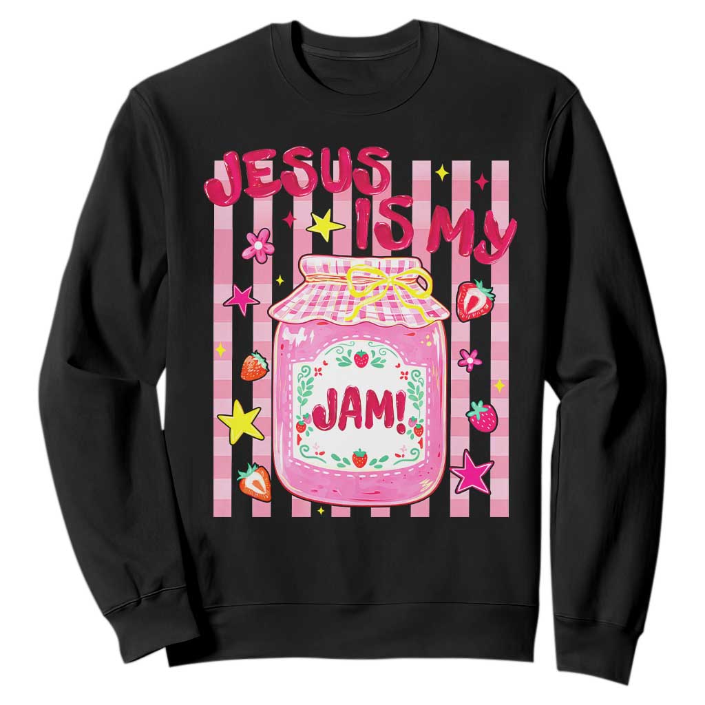 Cute Christian Faith Preppy Graphic Sweatshirt Jesus Is My Jam Strawberry Fruit Jar TS02 Black Print Your Wear