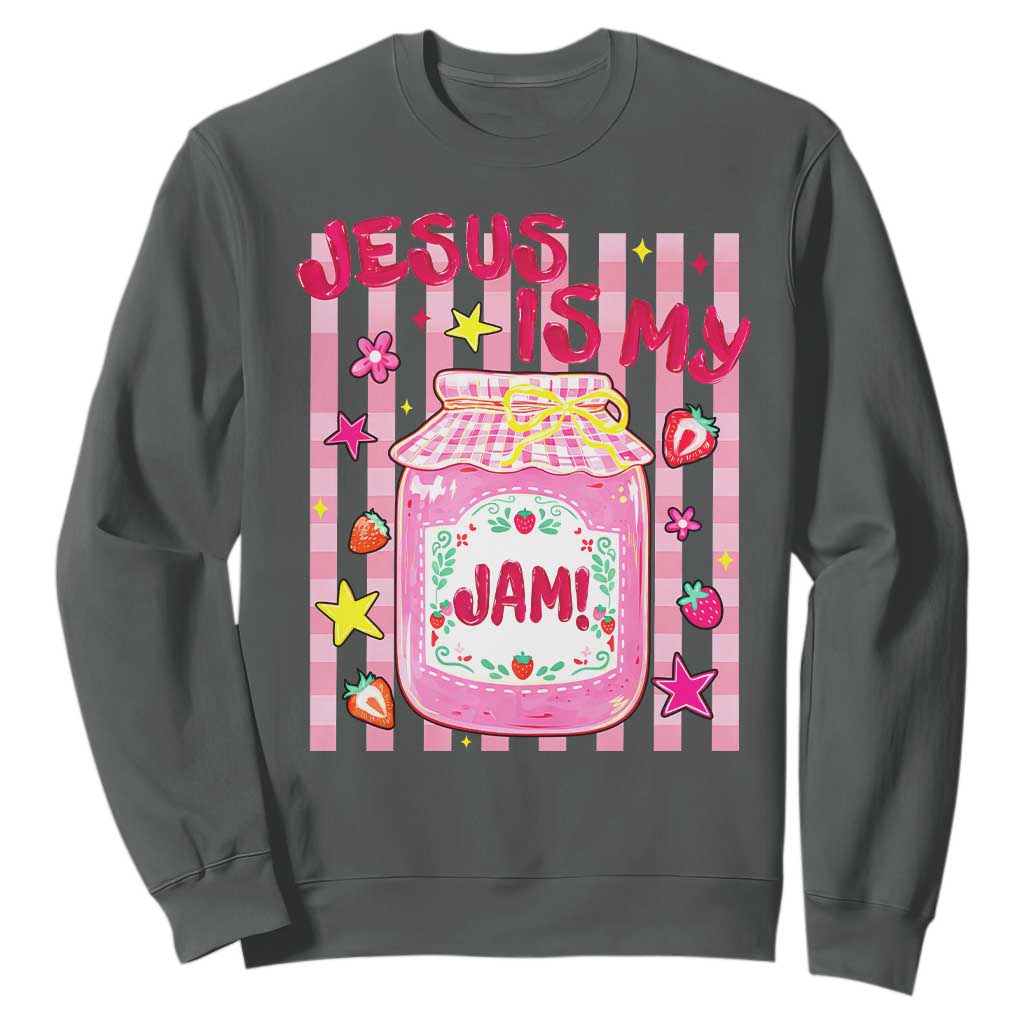 Cute Christian Faith Preppy Graphic Sweatshirt Jesus Is My Jam Strawberry Fruit Jar