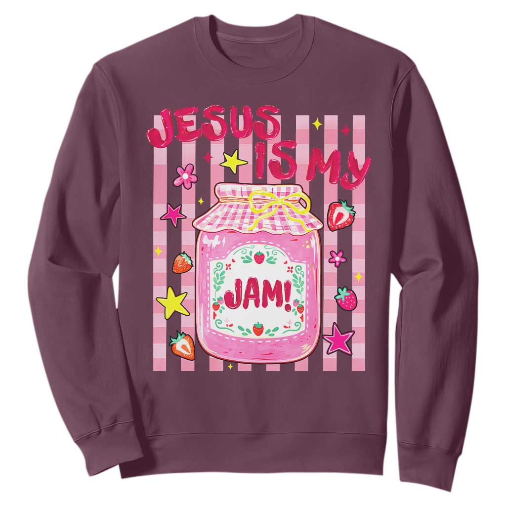 Cute Christian Faith Preppy Graphic Sweatshirt Jesus Is My Jam Strawberry Fruit Jar