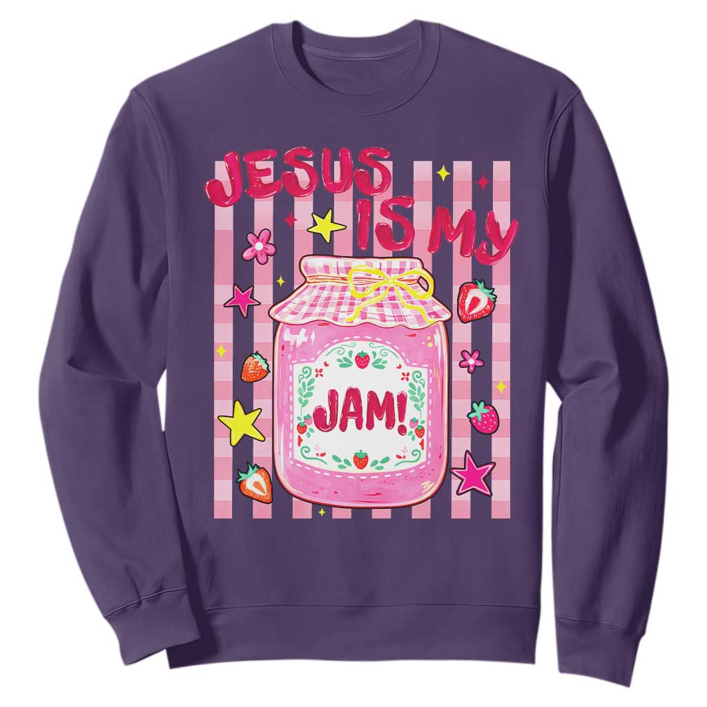 Cute Christian Faith Preppy Graphic Sweatshirt Jesus Is My Jam Strawberry Fruit Jar