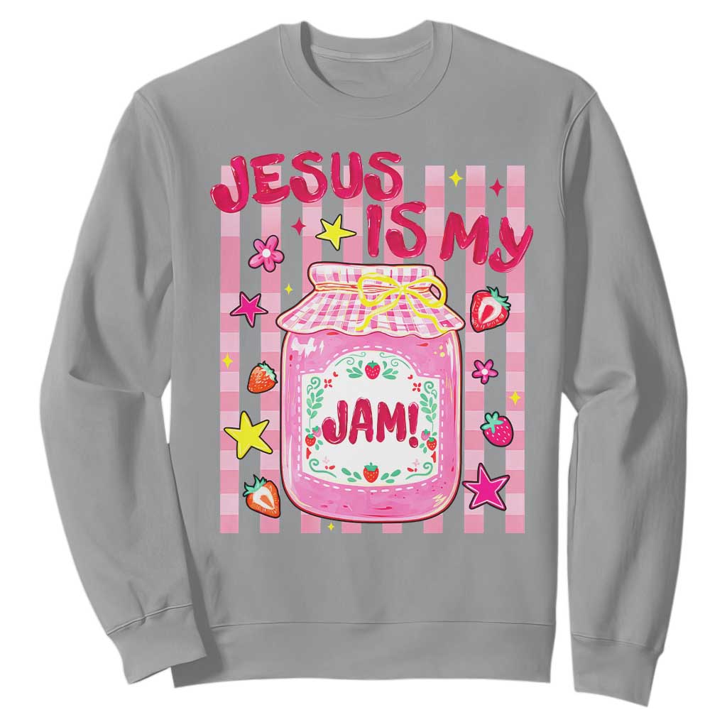 Cute Christian Faith Preppy Graphic Sweatshirt Jesus Is My Jam Strawberry Fruit Jar