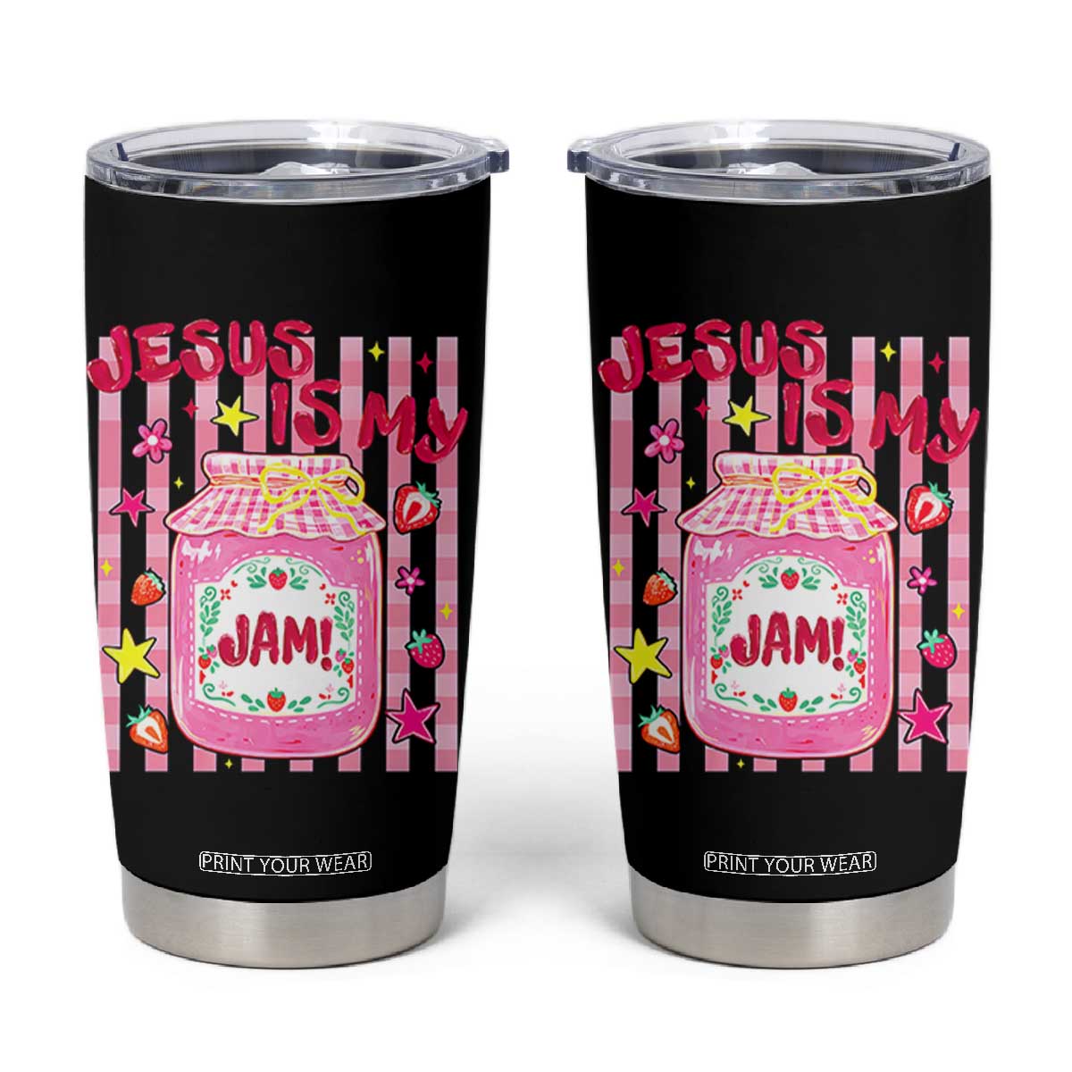 Cute Christian Faith Preppy Graphic Tumbler Cup Jesus Is My Jam Strawberry Fruit Jar TS02 Black Print Your Wear