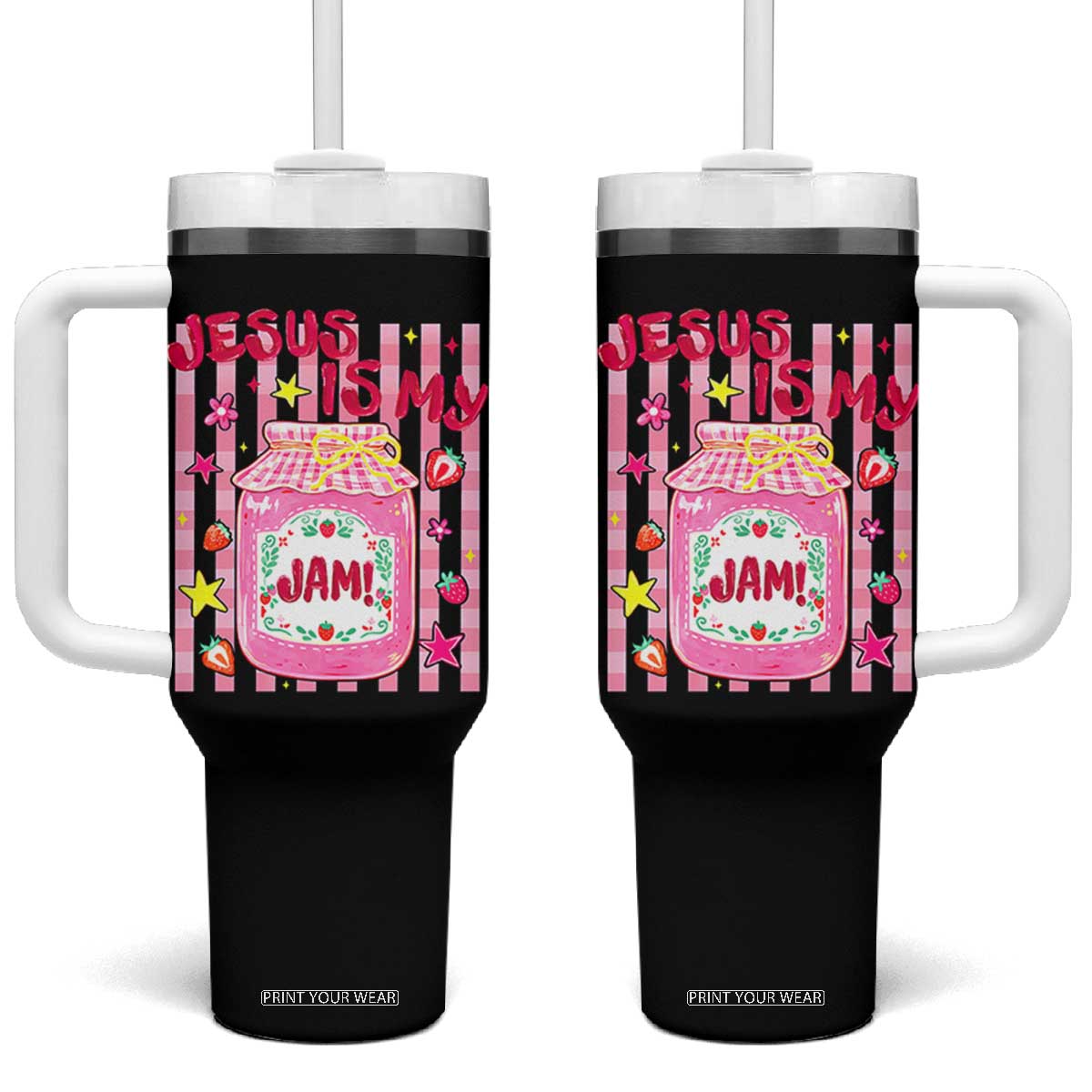 Cute Christian Faith Preppy Graphic Tumbler With Handle Jesus Is My Jam Strawberry Fruit Jar TS02 One Size: 40 oz Black Print Your Wear