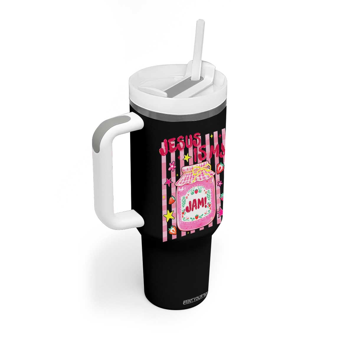 Cute Christian Faith Preppy Graphic Tumbler With Handle Jesus Is My Jam Strawberry Fruit Jar