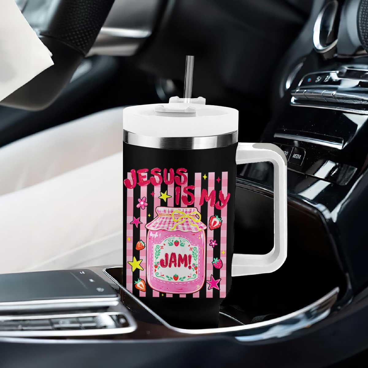 Cute Christian Faith Preppy Graphic Tumbler With Handle Jesus Is My Jam Strawberry Fruit Jar