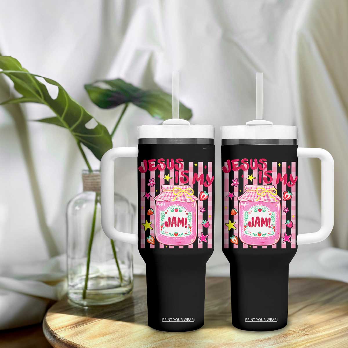 Cute Christian Faith Preppy Graphic Tumbler With Handle Jesus Is My Jam Strawberry Fruit Jar