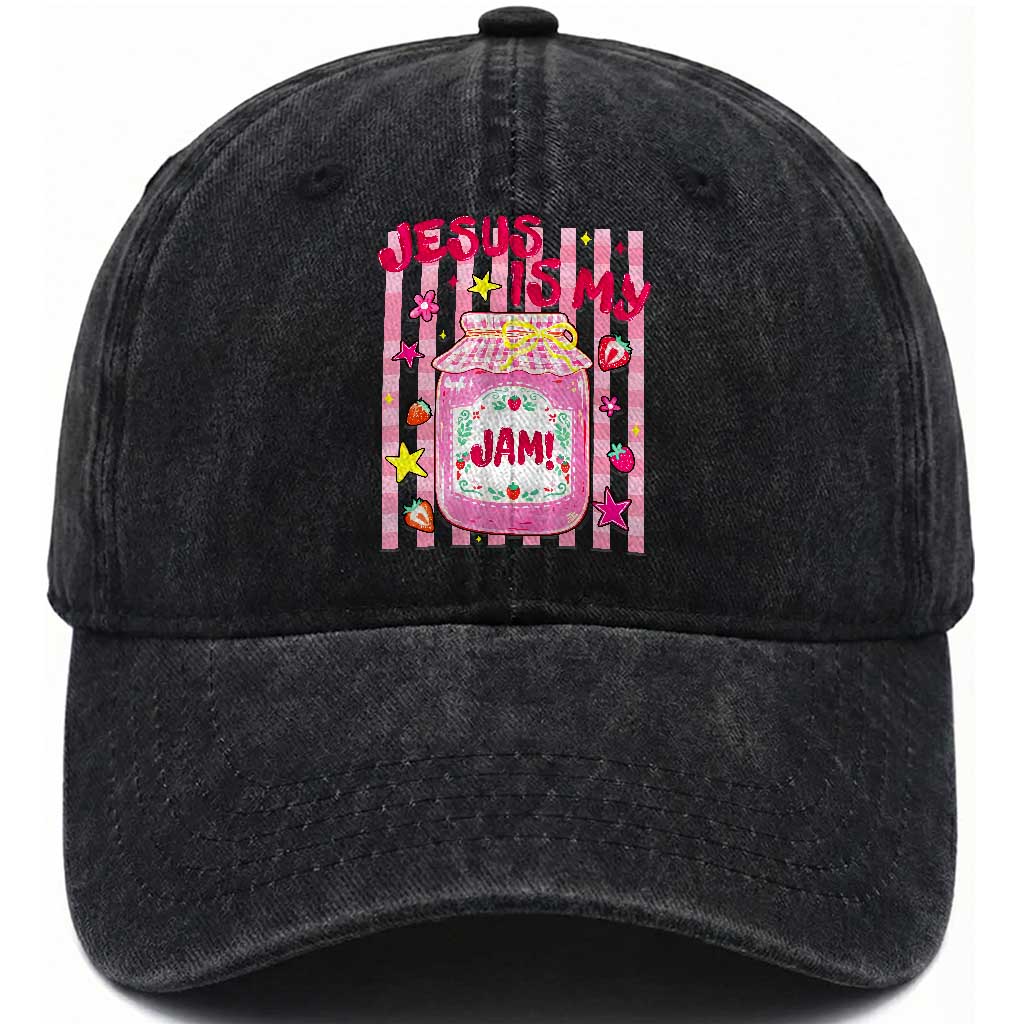 Cute Christian Faith Preppy Graphic Washed Cotton Baseball Cap Jesus Is My Jam Strawberry Fruit Jar TS02 Print Your Wear