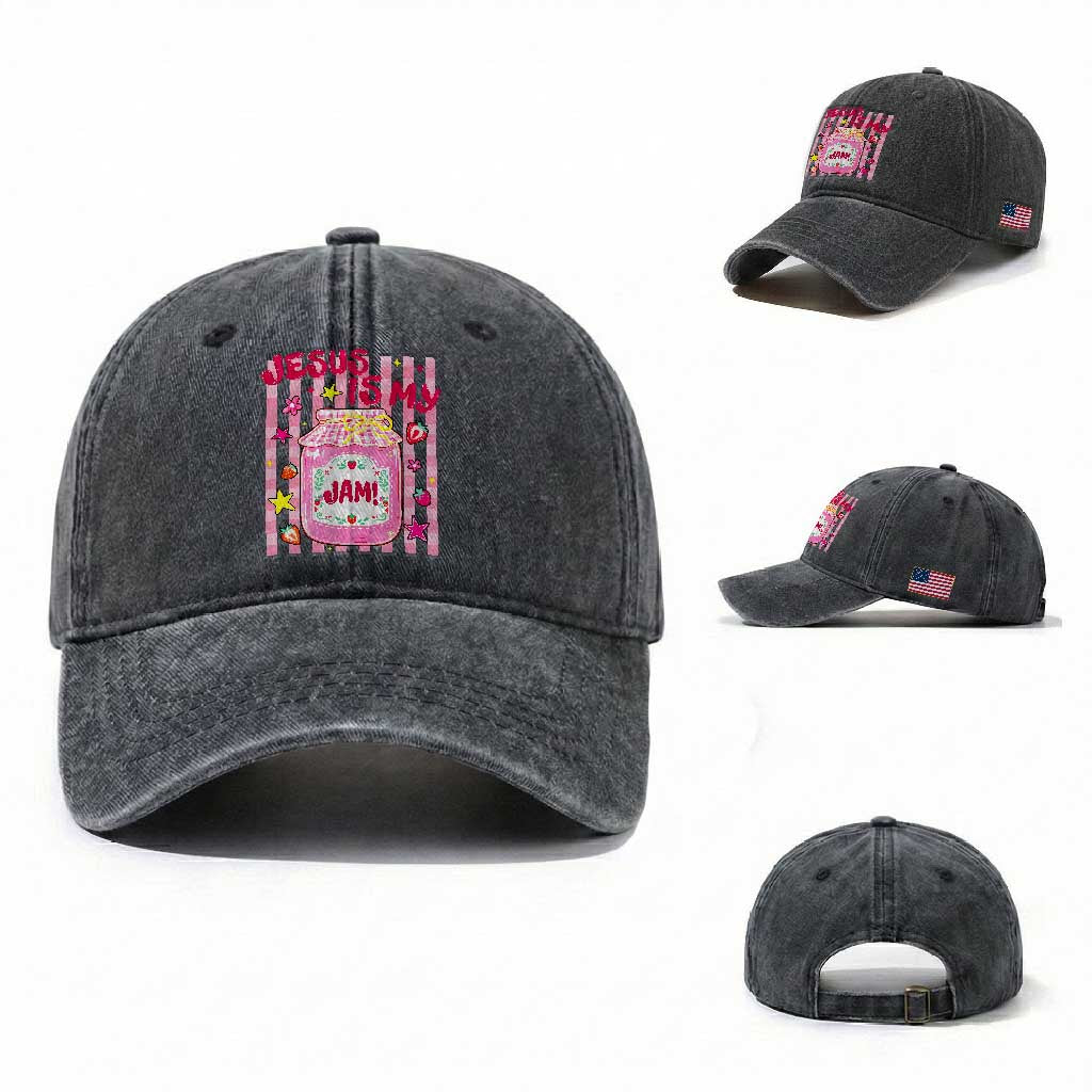 Cute Christian Faith Preppy Graphic Washed Cotton Baseball Cap Jesus Is My Jam Strawberry Fruit Jar
